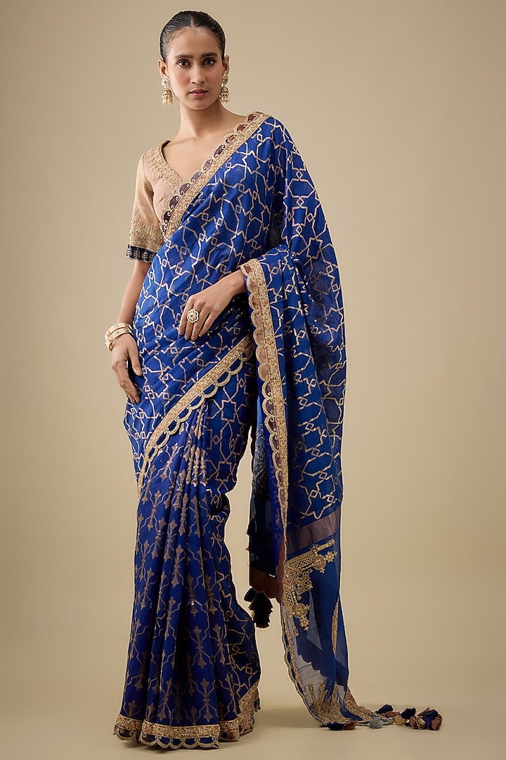 Indigo Chanderi Handloom Silk Hand Embroidered Woven Wedding Saree Set by RAR Studio at Pernia's Pop Up Shop