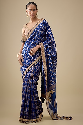 Indigo Chanderi Handloom Silk Hand Embroidered Woven Saree Set by RAR Studio