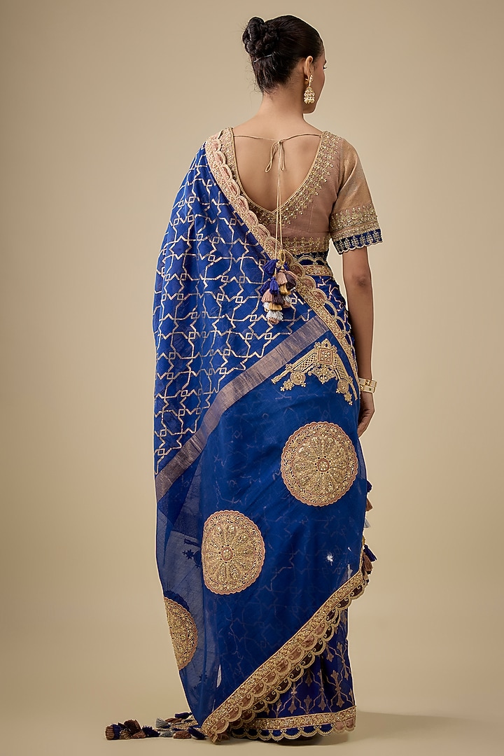 Indigo Chanderi Handloom Silk Hand Embroidered Woven Wedding Saree Set by RAR Studio at Pernia's Pop Up Shop