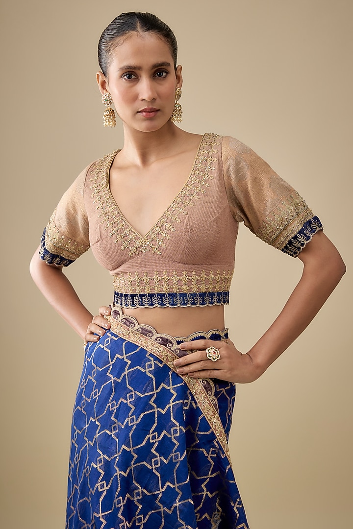 Indigo Chanderi Handloom Silk Hand Embroidered Woven Wedding Saree Set by RAR Studio at Pernia's Pop Up Shop