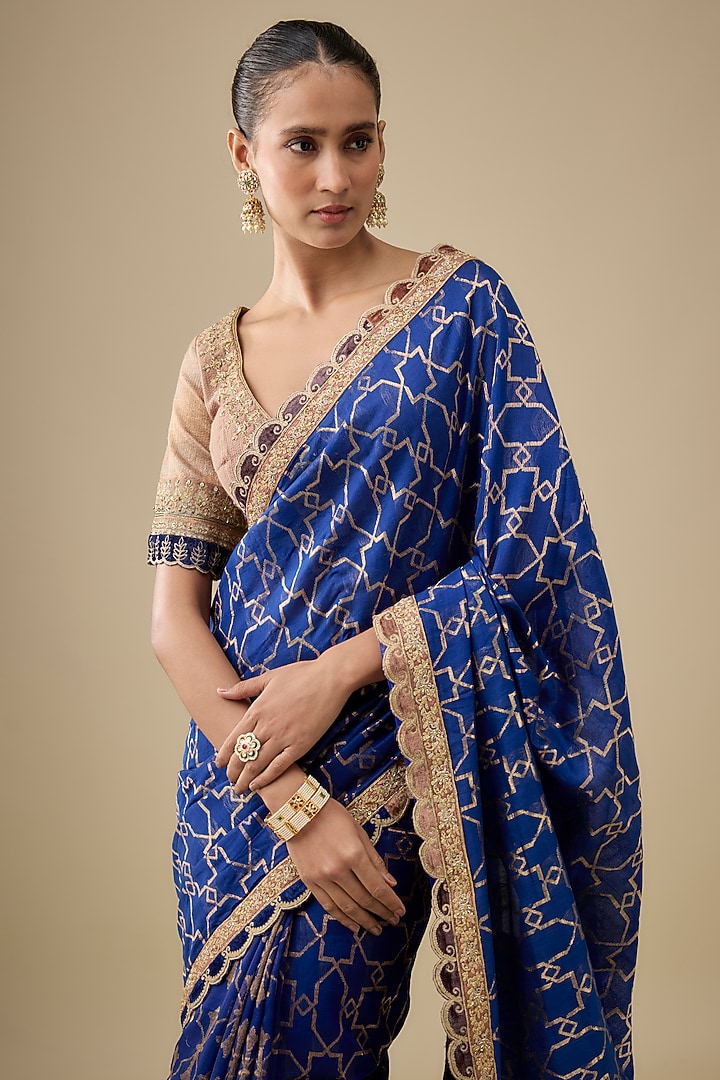Indigo Chanderi Handloom Silk Hand Embroidered Woven Wedding Saree Set by RAR Studio at Pernia's Pop Up Shop