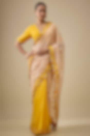 Yellow & Beige Chanderi Handloom Silk Woven Wedding Saree Set by RAR Studio at Pernia's Pop Up Shop