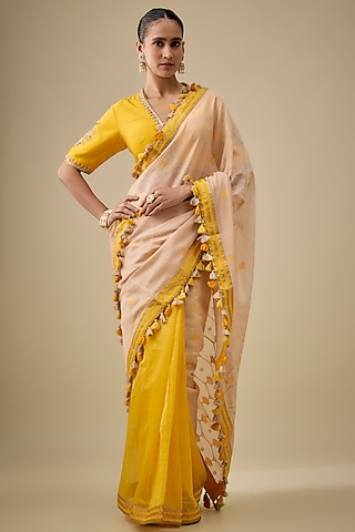 Yellow & Beige Chanderi Handloom Silk Woven Saree Set by RAR Studio