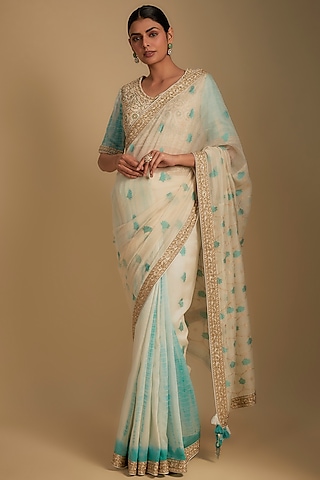 Ivory & Turquoise Chanderi Tie-Dye Aari Embroidered Woven Saree Set by RAR Studio
