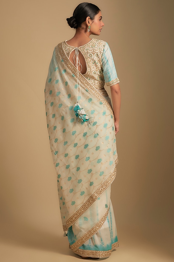 Ivory & Turquoise Chanderi Tie-Dye Aari Embroidered Woven Wedding Saree Set by RAR Studio at Pernia's Pop Up Shop