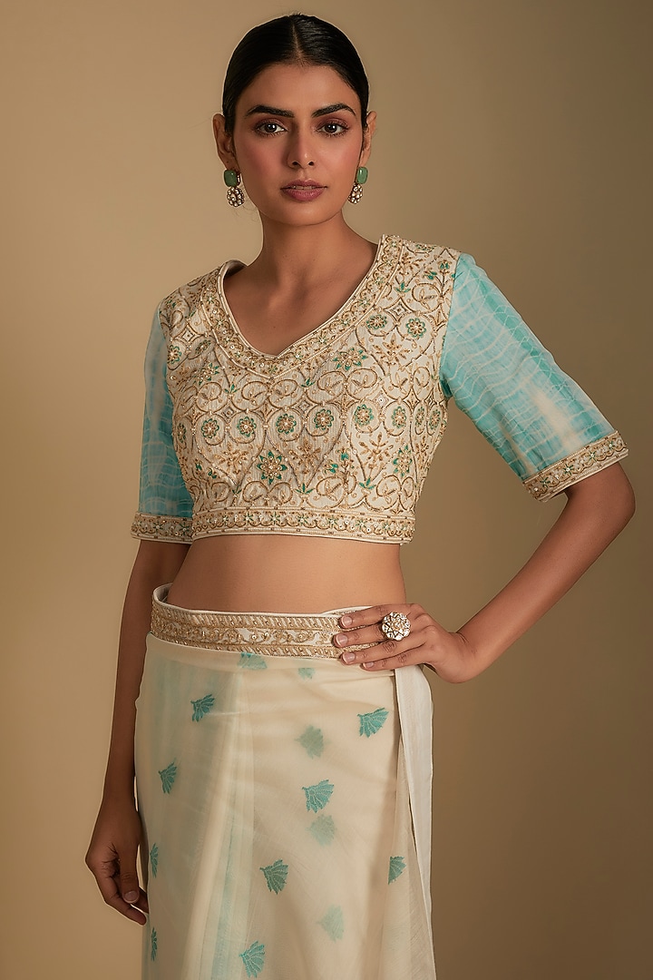 Ivory & Turquoise Chanderi Tie-Dye Aari Embroidered Woven Wedding Saree Set by RAR Studio at Pernia's Pop Up Shop