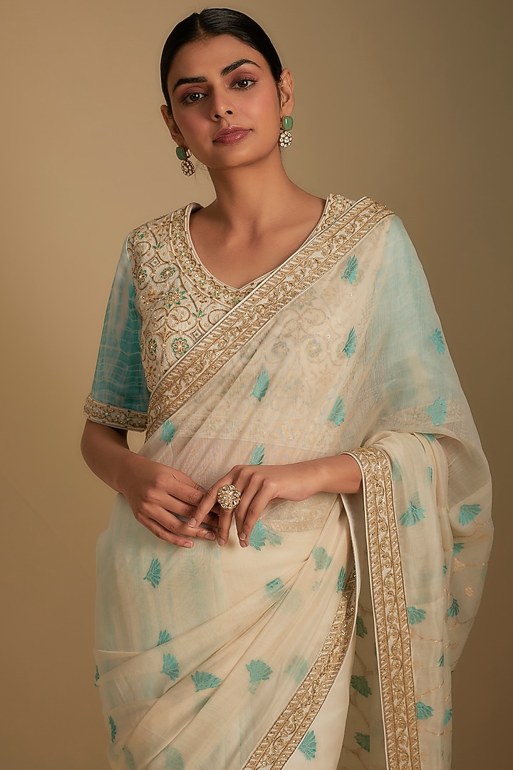 Ivory & Turquoise Chanderi Tie-Dye Aari Embroidered Woven Wedding Saree Set by RAR Studio at Pernia's Pop Up Shop