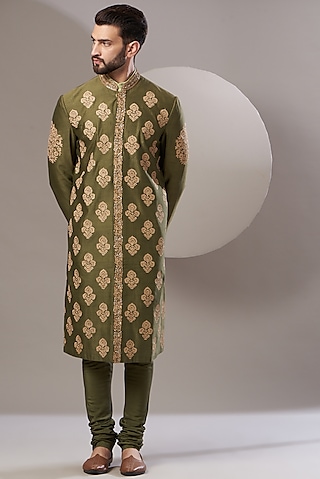 Olive Green Chanderi Aari Embroidered Sherwani Set by Rar Studio Men