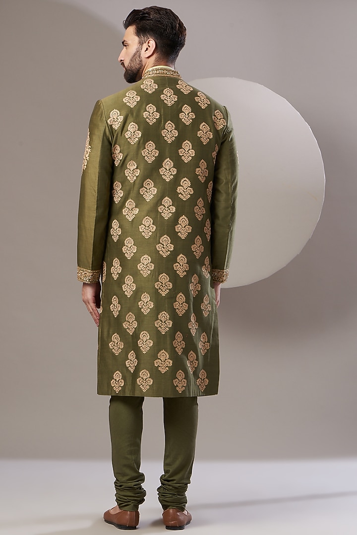 Olive Green Chanderi Aari Embroidered Wedding Sherwani Set by Rar Studio Men at Pernia's Pop Up Shop