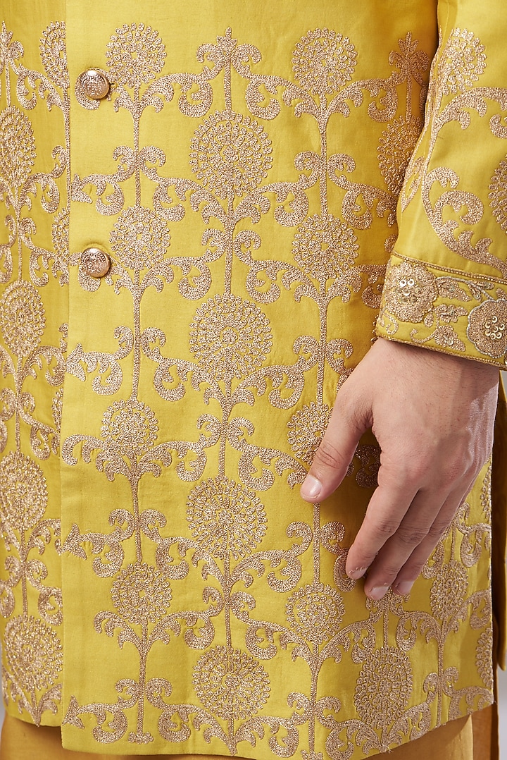 Mustard Chanderi Haandloom Aari Hand Embroidered Wedding Sherwani Set by Rar Studio Men at Pernia's Pop Up Shop