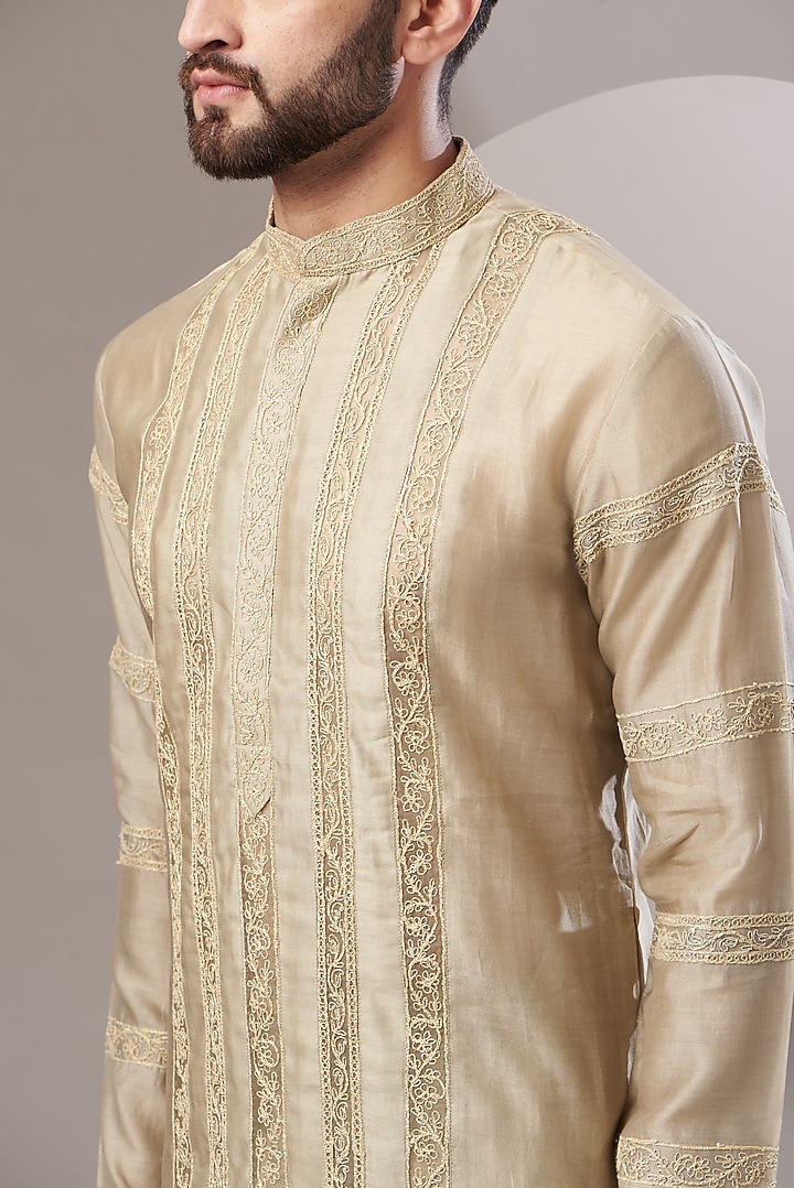 Beige Chanderi Handloom Dori Embroidered Kurta Set by Rar Studio Men at Pernia's Pop Up Shop