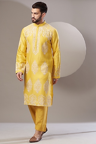 Mustard Embroidered Kurta Set by Rar Studio Men