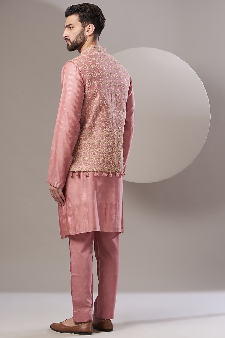 Blush Pink Chanderi Kurta Set With Bundi Jacket by Rar Studio Men at Pernia's Pop Up Shop
