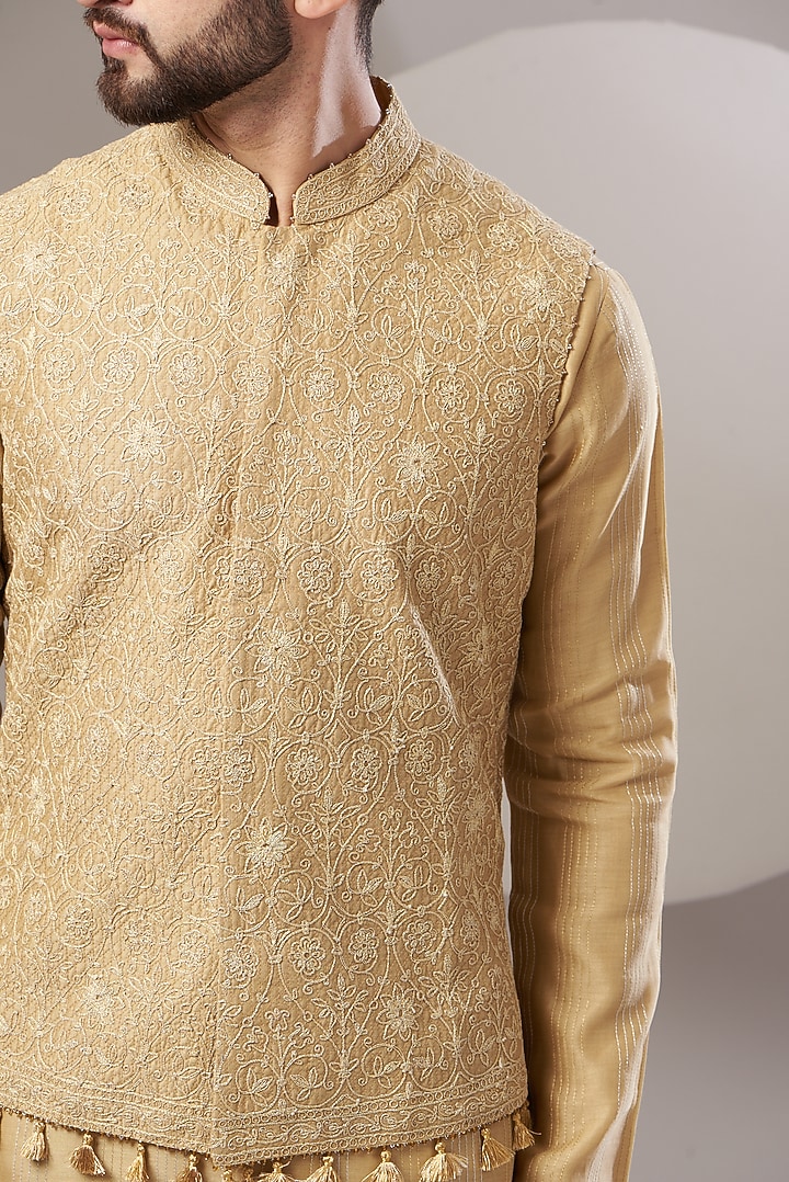 Beige Chanderi Kurta Set With Bundi Jacket by Rar Studio Men at Pernia's Pop Up Shop