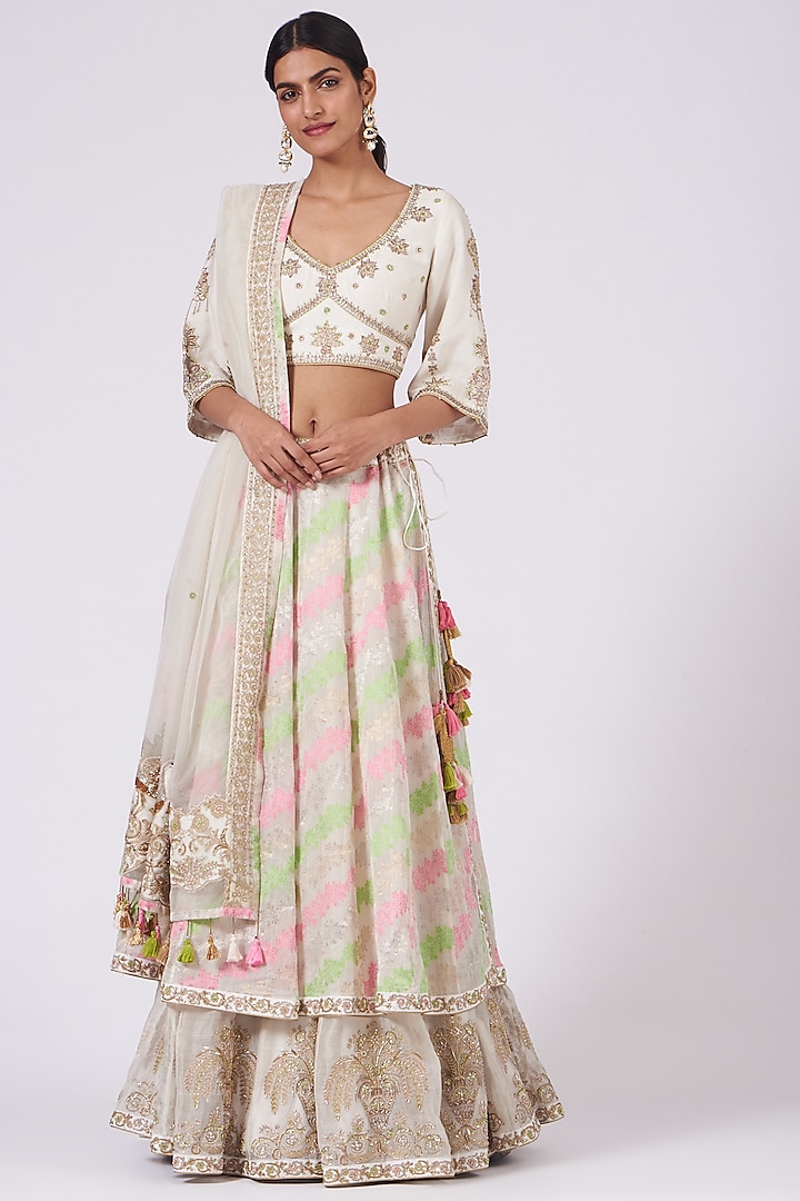 Ivory Leheriya Printed Lehenga Set by Rar Studio