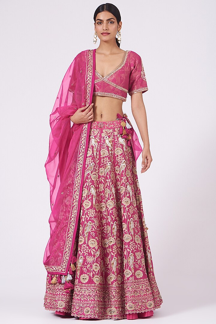 Dark Pink Hand Embroidered Lehenga Set by Rar Studio