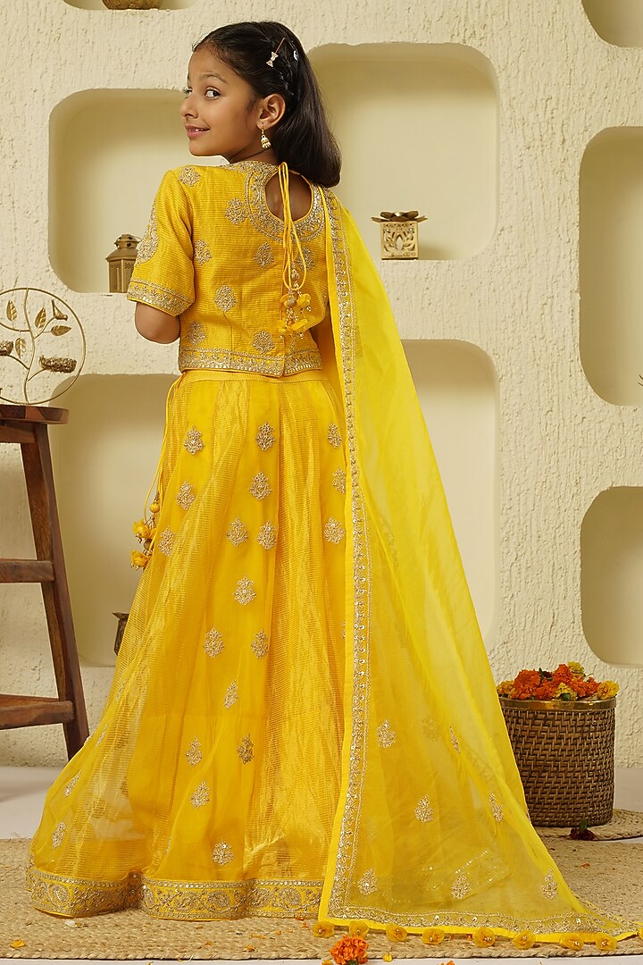 Yellow Chanderi Silk Hand Embroidered Lehenga Set For Girls by Lil Gems by RAR Studio at Pernia's Pop Up Shop