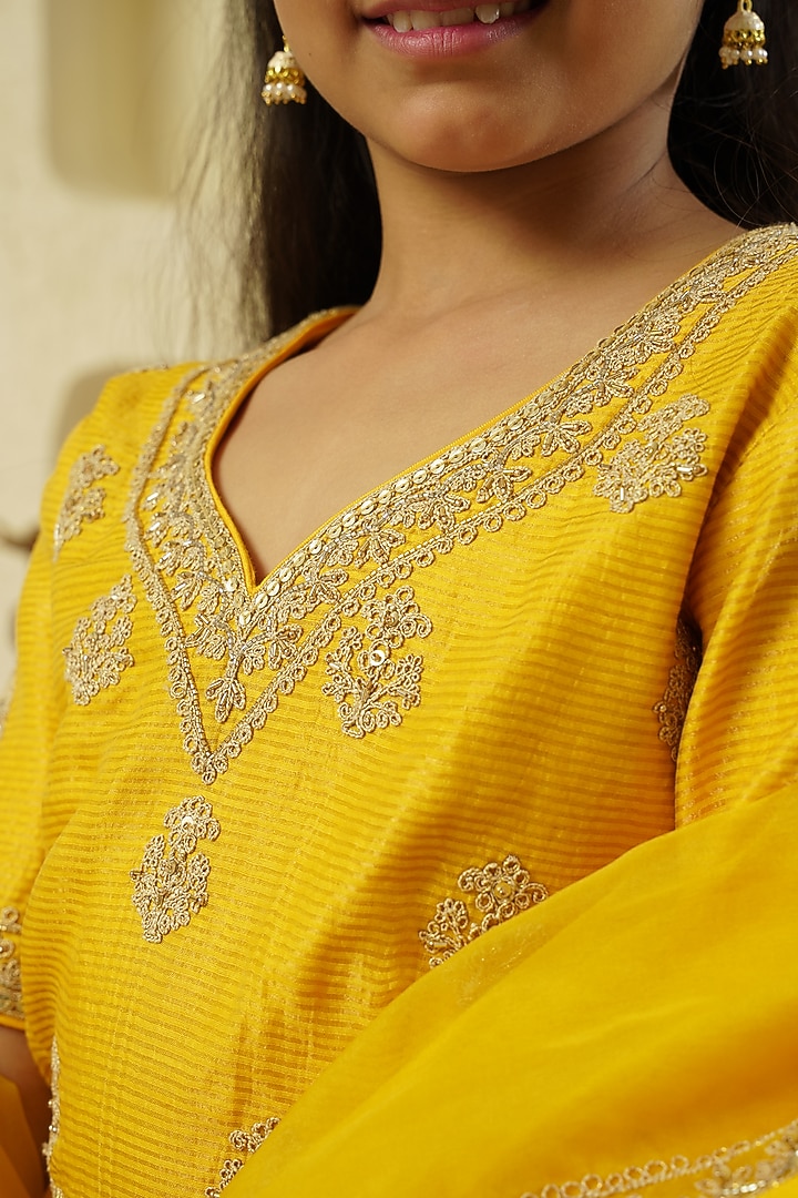 Yellow Chanderi Silk Hand Embroidered Lehenga Set For Girls by Lil Gems by RAR Studio at Pernia's Pop Up Shop