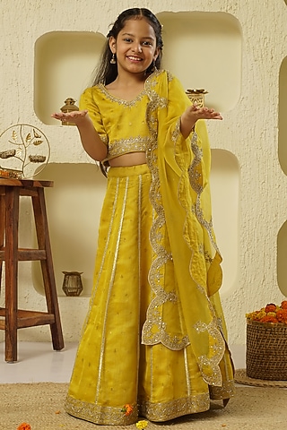 Lime Yellow Chanderi Silk Hand Embroidered Lehenga Set For Girls by Lil Gems by RAR Studio