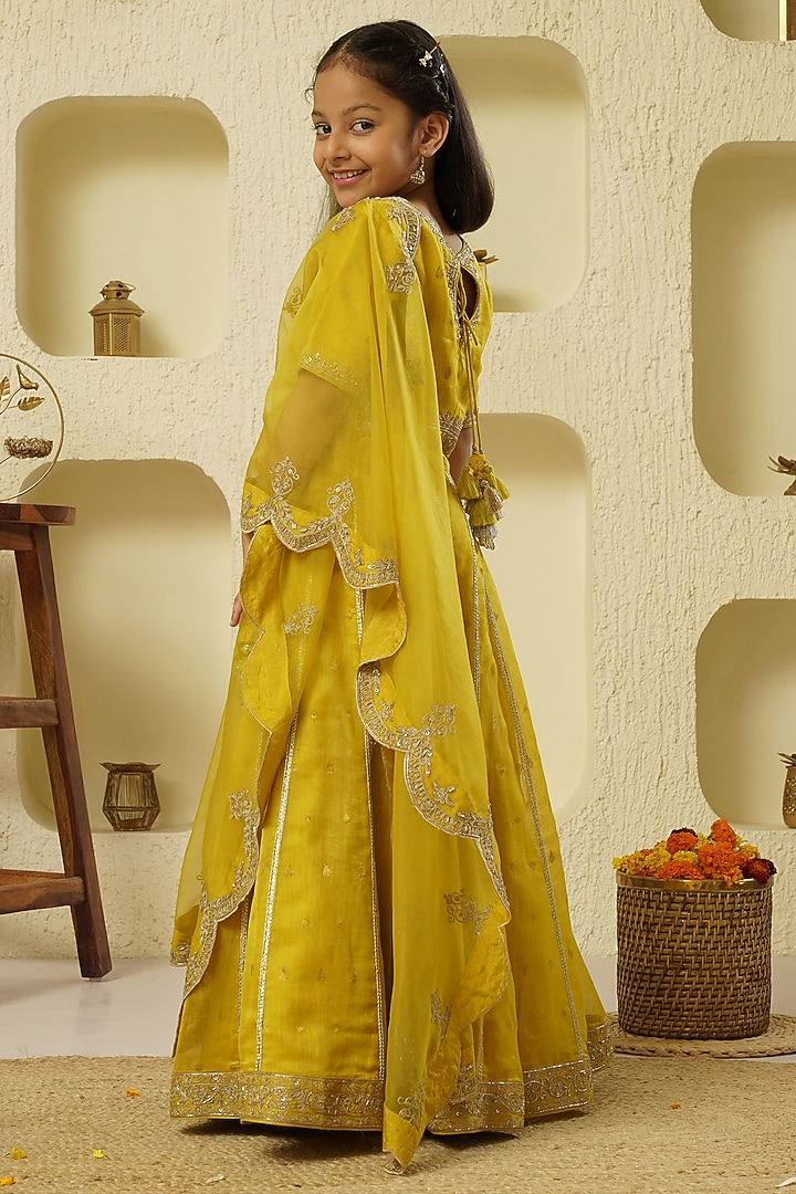 Lime Yellow Chanderi Silk Hand Embroidered Lehenga Set For Girls by Lil Gems by RAR Studio at Pernia's Pop Up Shop