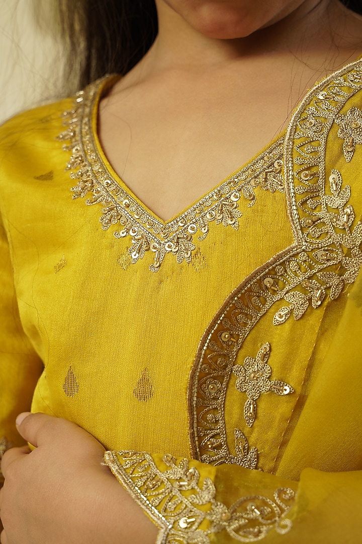 Lime Yellow Chanderi Silk Hand Embroidered Lehenga Set For Girls by Lil Gems by RAR Studio at Pernia's Pop Up Shop