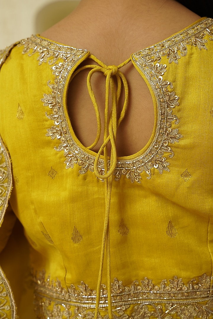 Lime Yellow Chanderi Silk Hand Embroidered Lehenga Set For Girls by Lil Gems by RAR Studio at Pernia's Pop Up Shop
