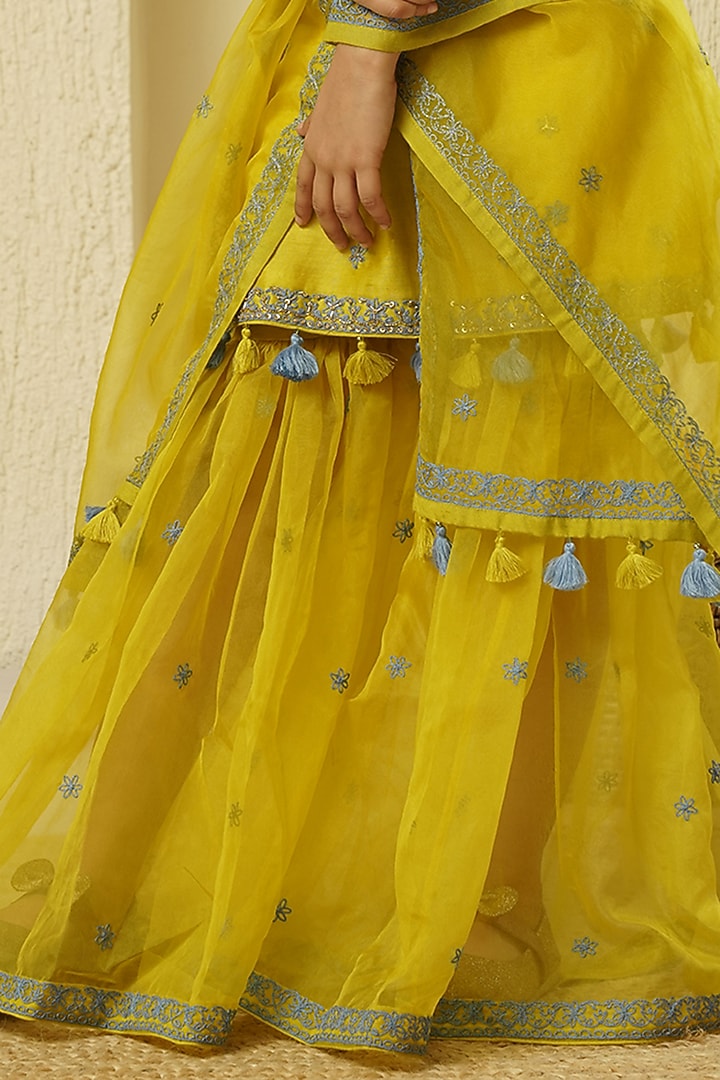 Lime Chanderi Silk Embroidered Sharara Set For Girls by Lil Gems by RAR Studio at Pernia's Pop Up Shop