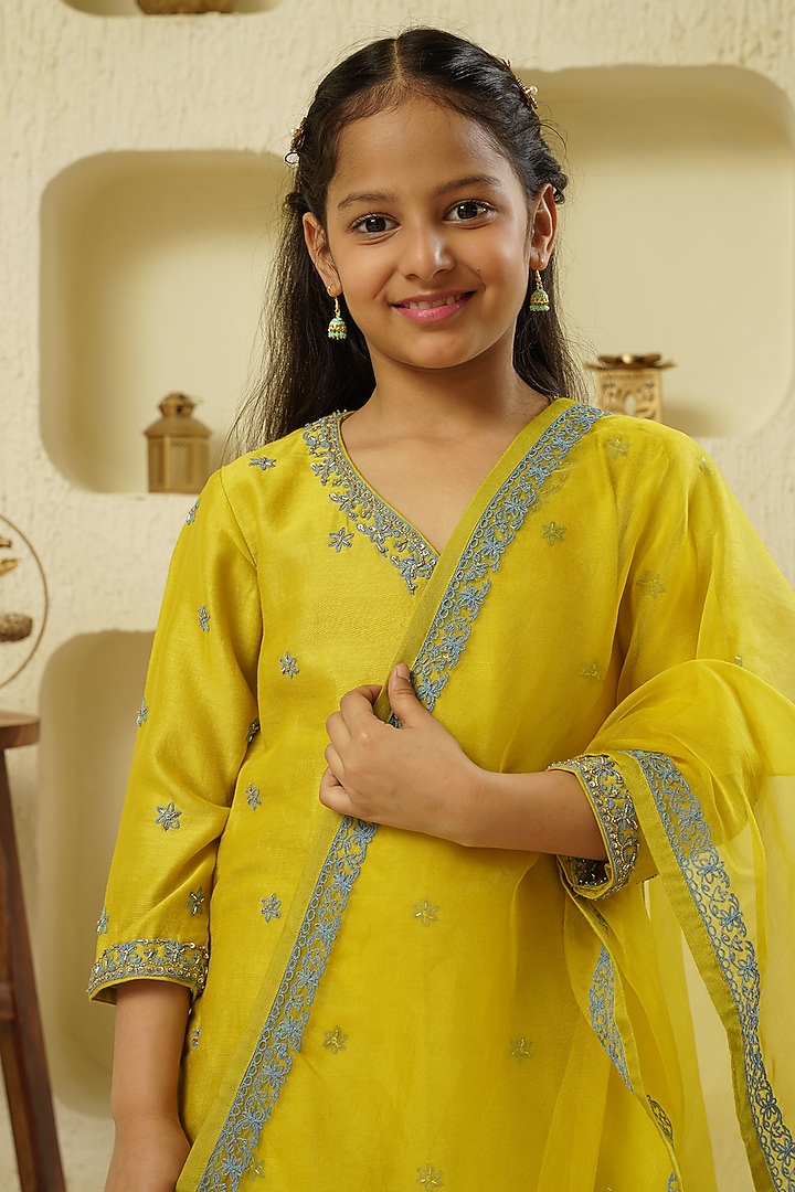Lime Chanderi Silk Embroidered Sharara Set For Girls by Lil Gems by RAR Studio at Pernia's Pop Up Shop