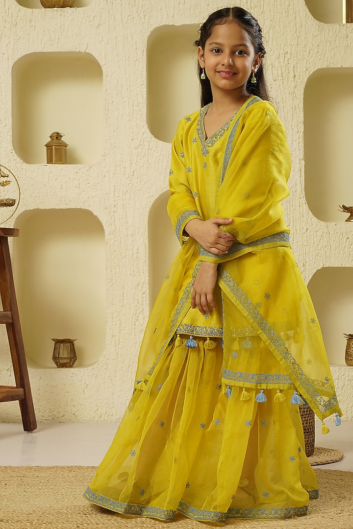 Lime Chanderi Silk Embroidered Sharara Set For Girls by Lil Gems by RAR Studio at Pernia's Pop Up Shop