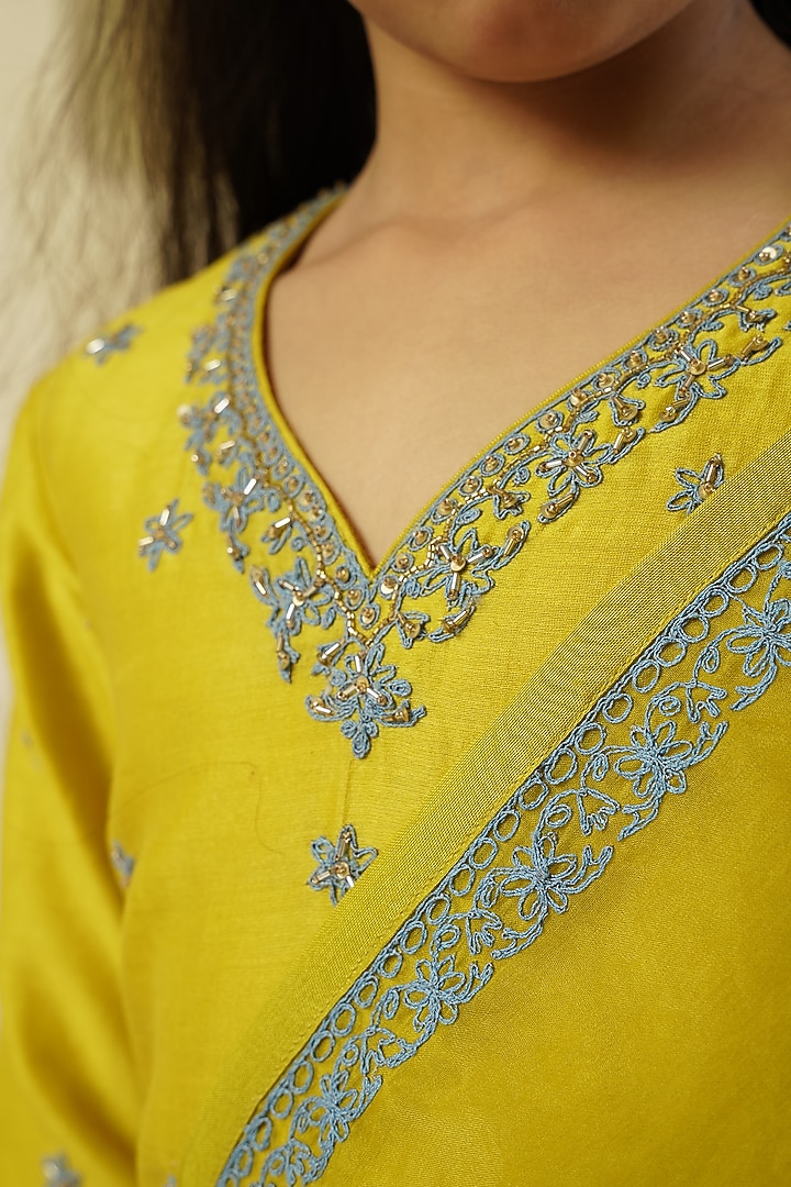 Lime Chanderi Silk Embroidered Sharara Set For Girls by Lil Gems by RAR Studio at Pernia's Pop Up Shop