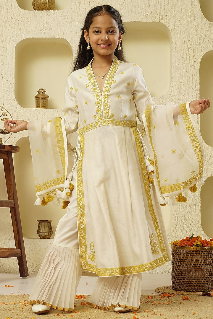 Ivory Chanderi Silk Embroidered Sharara Set For Girls by Lil Gems by RAR Studio