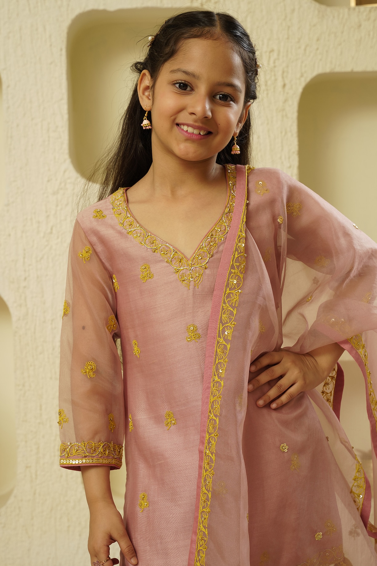 Old Rose Chanderi Silk Embroidered Kurta Set For Girls Design by 