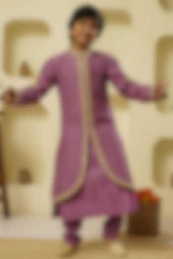 Lavender Chanderi Silk Embroidered Sherwani Set For Boys by Lil Gems by RAR Studio