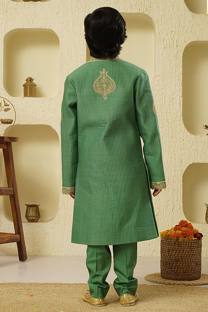 Moss Green Chanderi Silk Embroidered Sherwani Set For Boys by Lil Gems by RAR Studio at Pernia's Pop Up Shop
