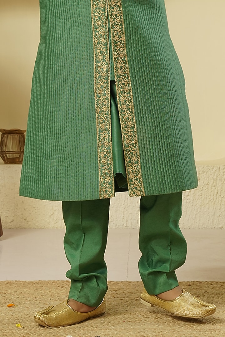Moss Green Chanderi Silk Embroidered Sherwani Set For Boys by Lil Gems by RAR Studio at Pernia's Pop Up Shop