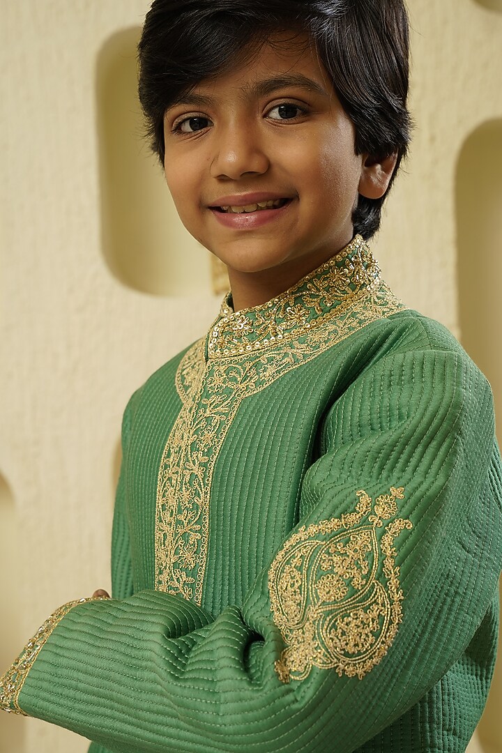 Moss Green Chanderi Silk Embroidered Sherwani Set For Boys by Lil Gems by RAR Studio at Pernia's Pop Up Shop