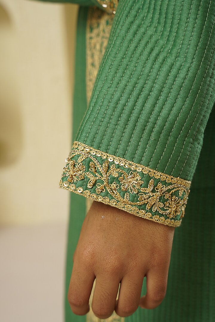 Moss Green Chanderi Silk Embroidered Sherwani Set For Boys by Lil Gems by RAR Studio at Pernia's Pop Up Shop