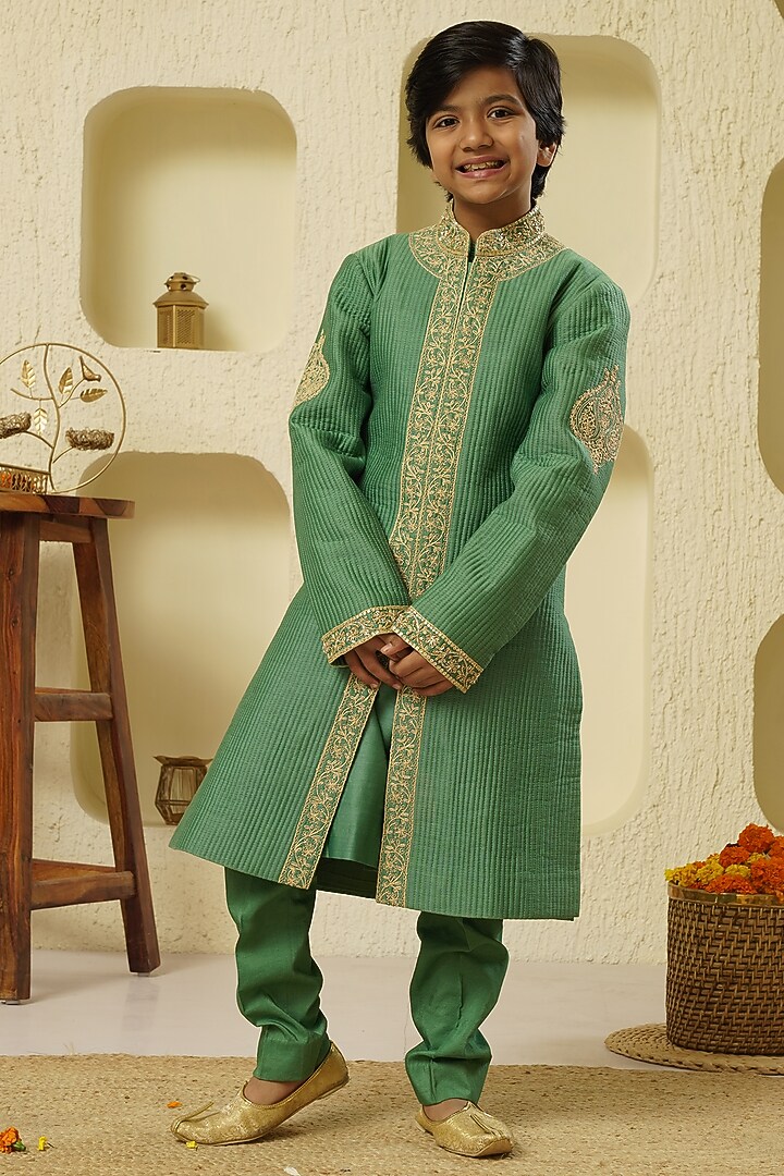 Moss Green Chanderi Silk Embroidered Sherwani Set For Boys by Lil Gems by RAR Studio at Pernia's Pop Up Shop