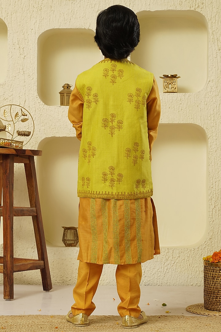 Lime Chanderi Silk Bundi Jacket With Kurta Set For Boys by Lil Gems by RAR Studio at Pernia's Pop Up Shop