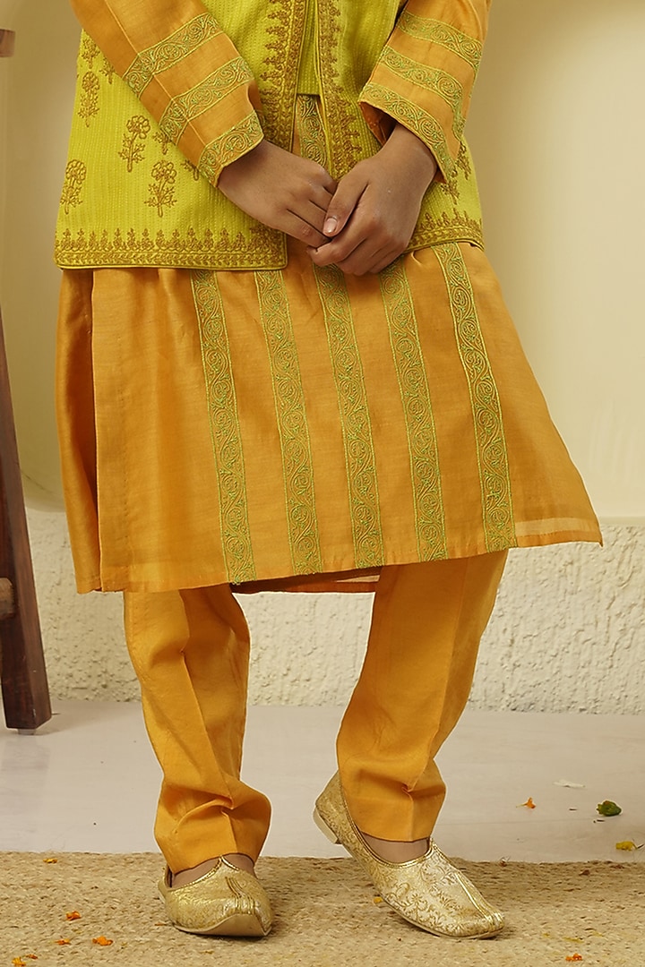 Lime Chanderi Silk Bundi Jacket With Kurta Set For Boys by Lil Gems by RAR Studio at Pernia's Pop Up Shop