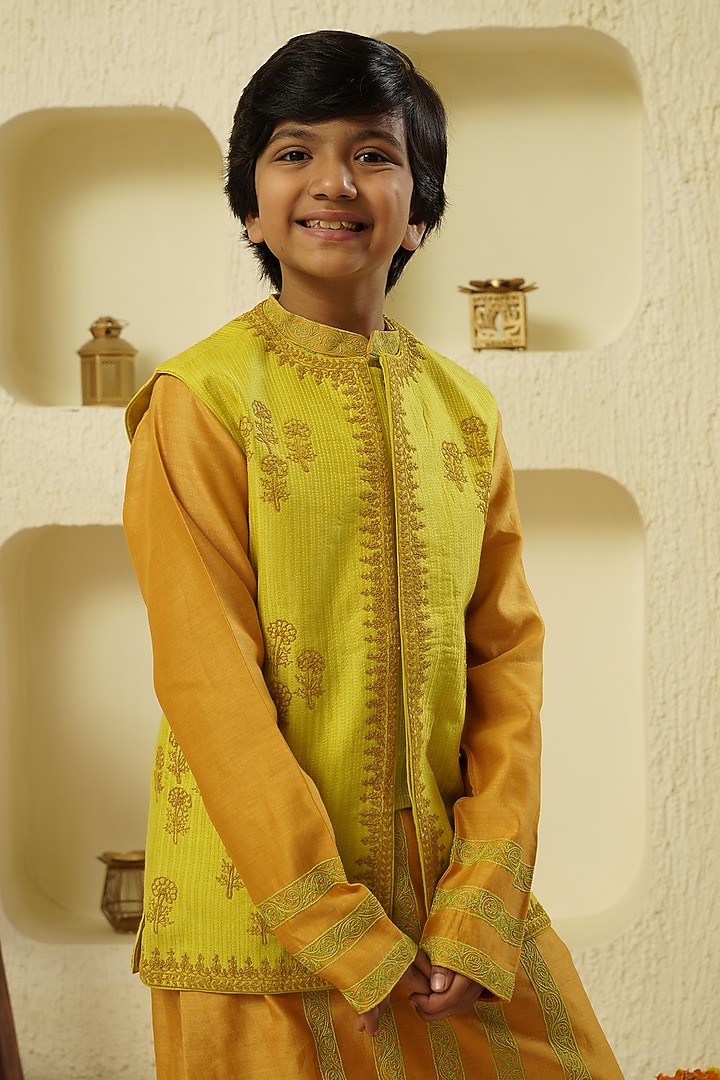Lime Chanderi Silk Bundi Jacket With Kurta Set For Boys by Lil Gems by RAR Studio at Pernia's Pop Up Shop