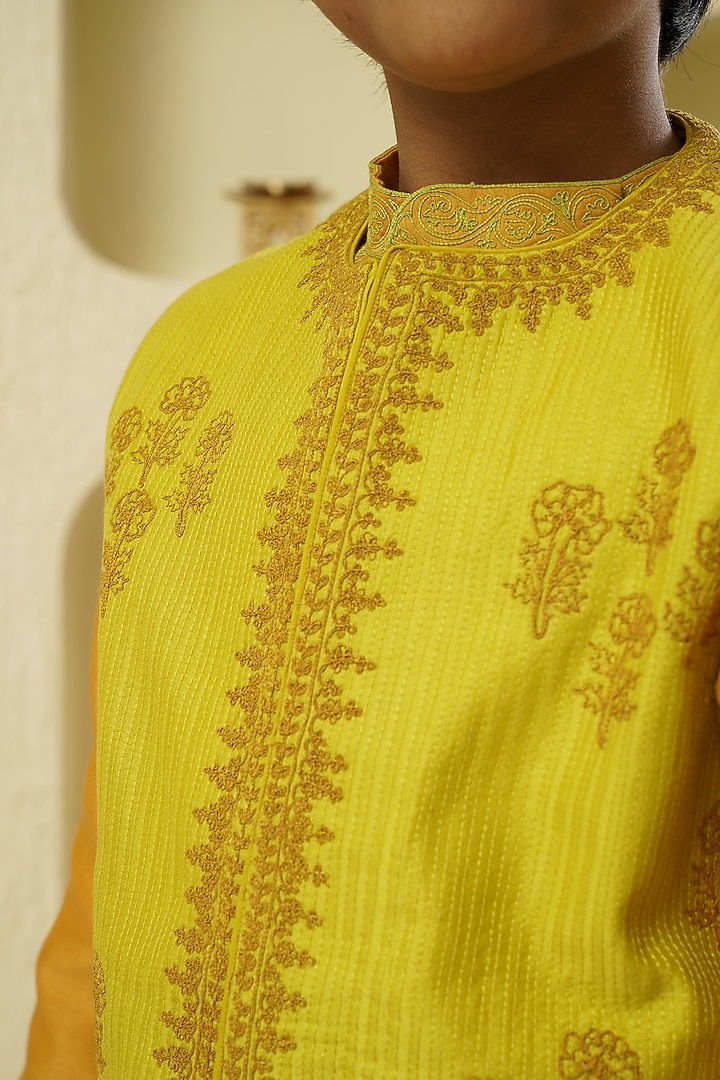 Lime Chanderi Silk Bundi Jacket With Kurta Set For Boys by Lil Gems by RAR Studio at Pernia's Pop Up Shop