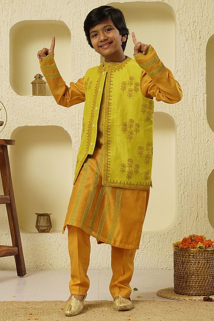 Lime Chanderi Silk Bundi Jacket With Kurta Set For Boys by Lil Gems by RAR Studio at Pernia's Pop Up Shop