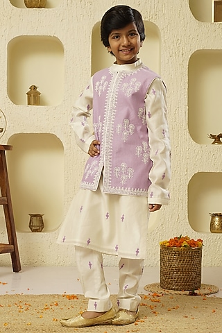 Lilac Chanderi Silk Embroidered Bundi Jacket With Kurta Set by Lil Gems by RAR Studio