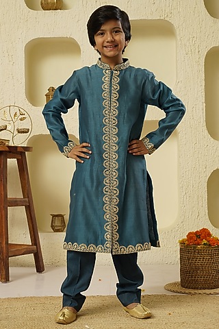 Blue Chanderi Silk Embroidered Kurta Set For Boys by Lil Gems by RAR Studio