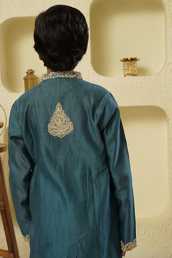 Blue Chanderi Silk Embroidered Kurta Set For Boys by Lil Gems by RAR Studio at Pernia's Pop Up Shop