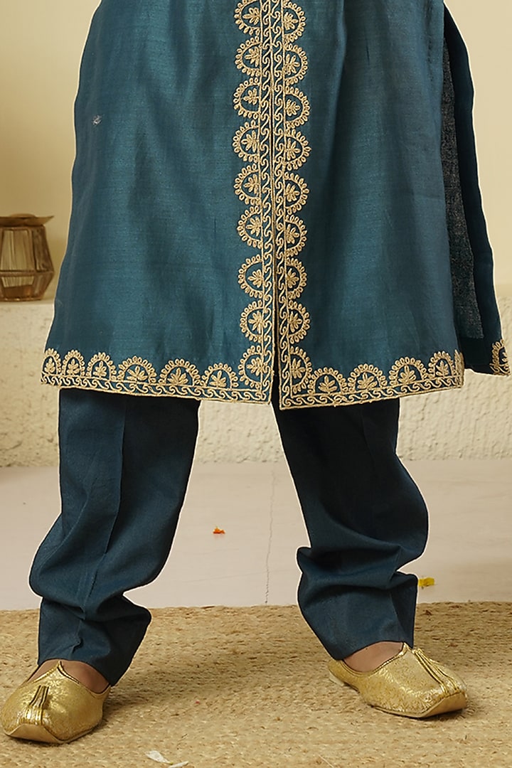 Blue Chanderi Silk Embroidered Kurta Set For Boys by Lil Gems by RAR Studio at Pernia's Pop Up Shop