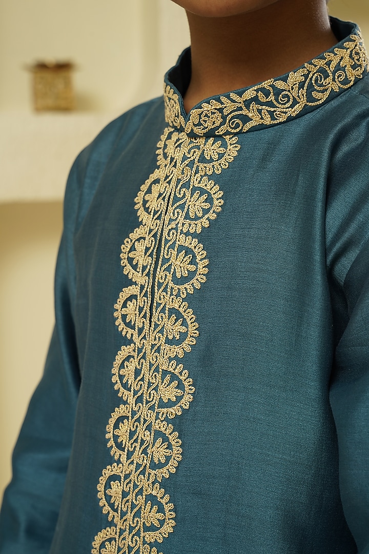 Blue Chanderi Silk Embroidered Kurta Set For Boys by Lil Gems by RAR Studio at Pernia's Pop Up Shop
