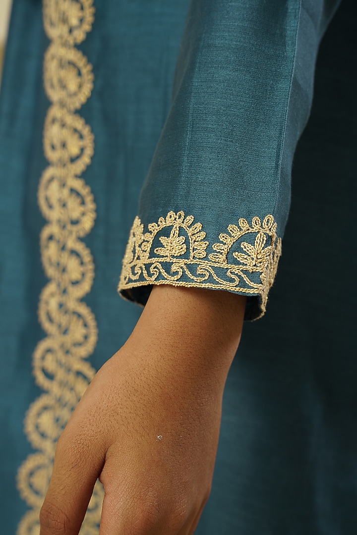 Blue Chanderi Silk Embroidered Kurta Set For Boys by Lil Gems by RAR Studio at Pernia's Pop Up Shop