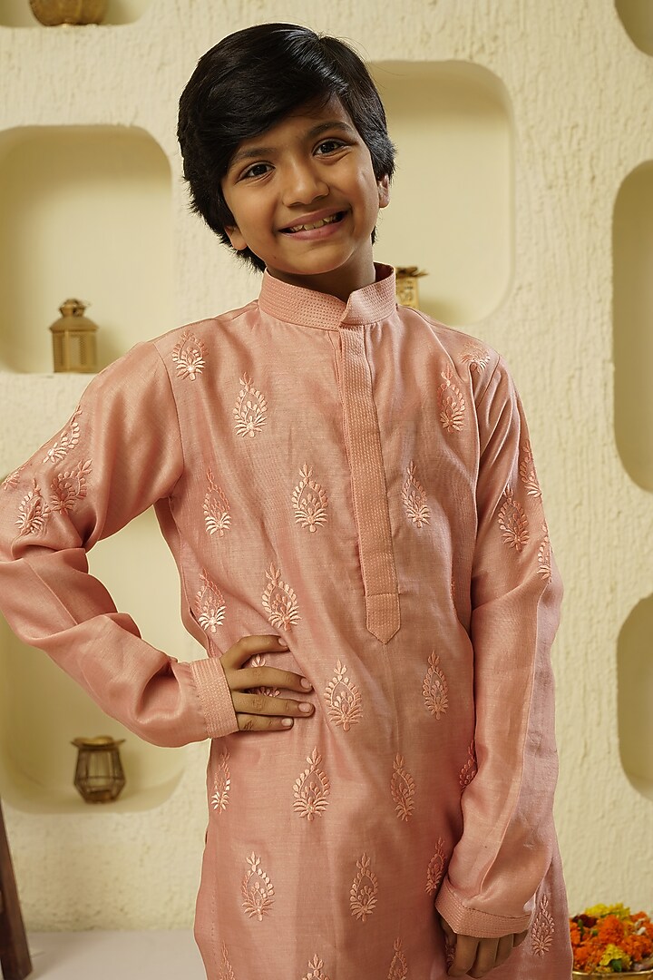 Old Rose Chanderi Embroidered Kurta Set For Boys by Lil Gems by RAR Studio at Pernia's Pop Up Shop
